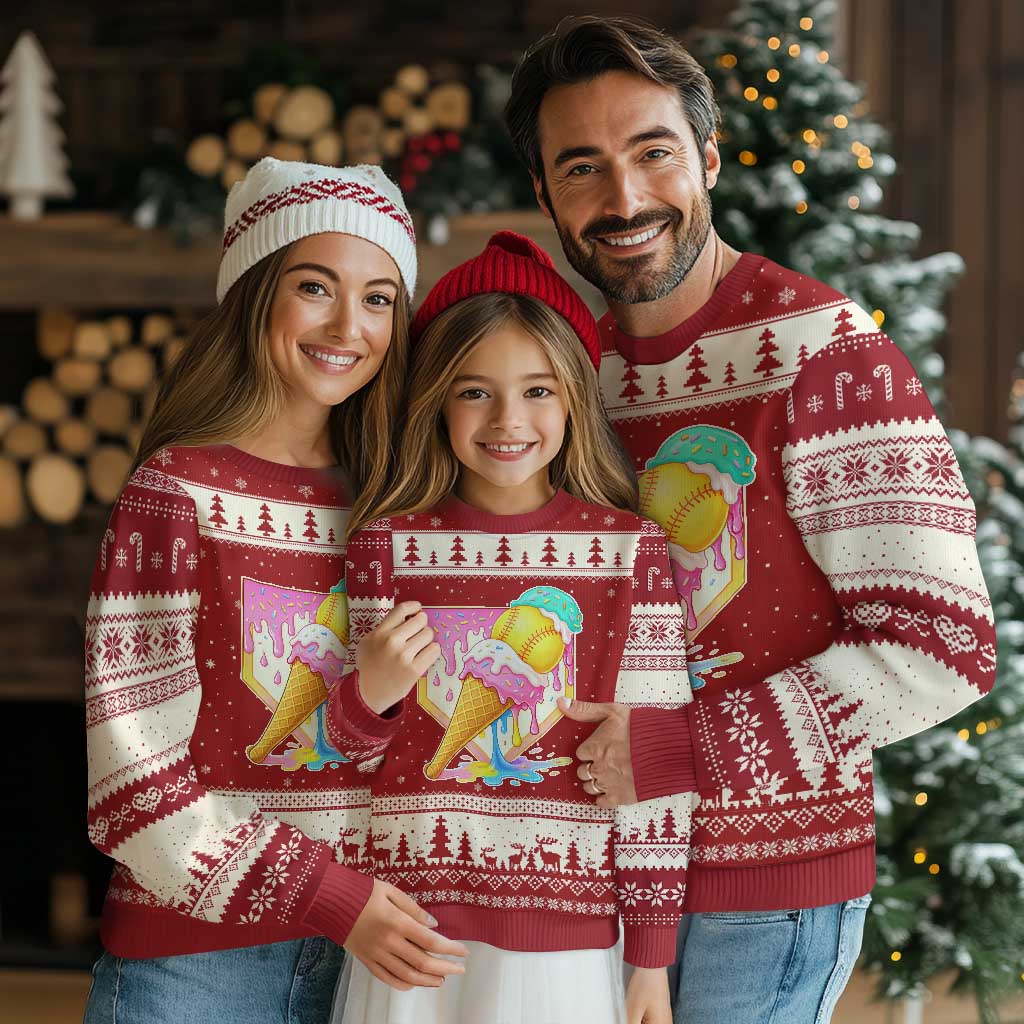 Softball Drip Ugly Christmas Sweater Cute Softball Girls Ice Cream Drip Game Day TS10 Red Beige Print Your Wear