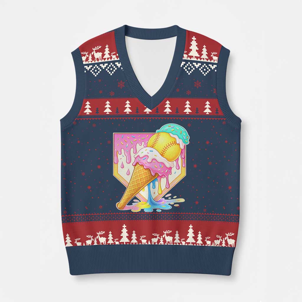 Softball Drip V-Neck Knit Sweater Vest Cute Softball Girls Ice Cream Drip Game Day TS10 Navy Red Print Your Wear