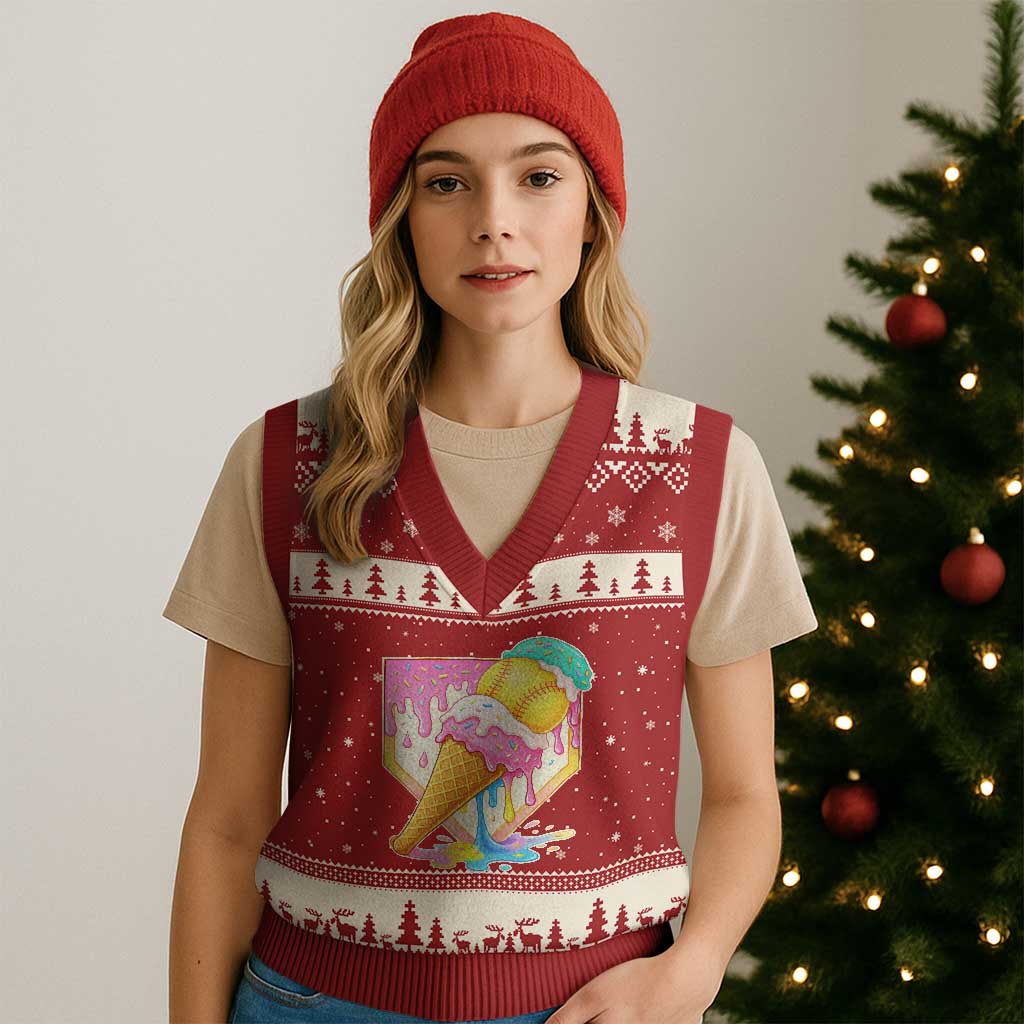 Softball Drip V-Neck Knit Sweater Vest Cute Softball Girls Ice Cream Drip Game Day TS10 Red Beige Print Your Wear