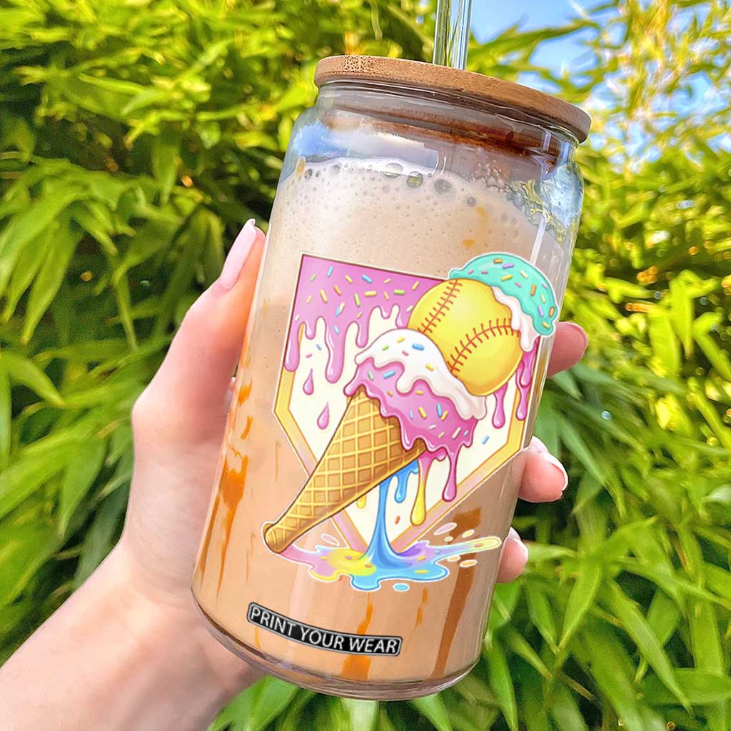 Softball Drip Glass Can Cute Softball Girls Ice Cream Drip Game Day TS10 Black Print Your Wear