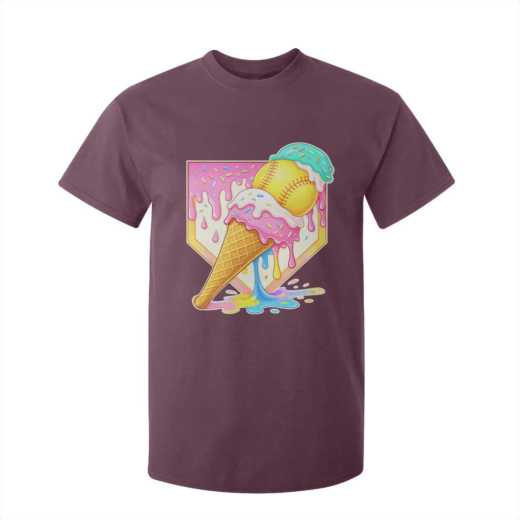 Softball Drip T Shirt For Kid Cute Softball Girls Ice Cream Drip Game Day TS10 Maroon Print Your Wear