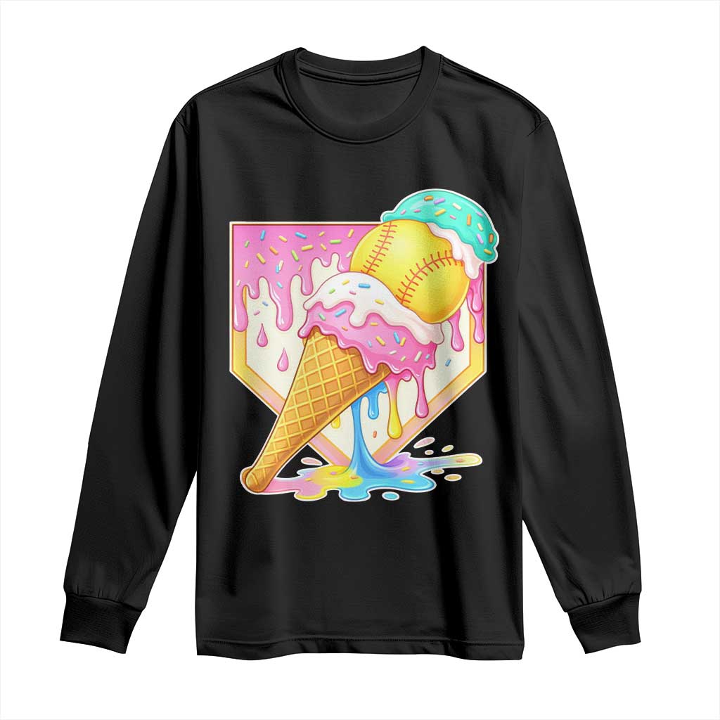 Softball Drip Long Sleeve Shirt Cute Softball Girls Ice Cream Drip Game Day TS10 Black Print Your Wear