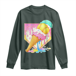 Softball Drip Long Sleeve Shirt Cute Softball Girls Ice Cream Drip Game Day TS10 Dark Forest Green Print Your Wear