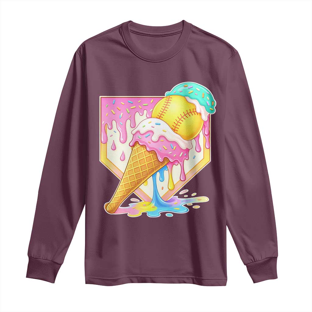 Softball Drip Long Sleeve Shirt Cute Softball Girls Ice Cream Drip Game Day TS10 Maroon Print Your Wear