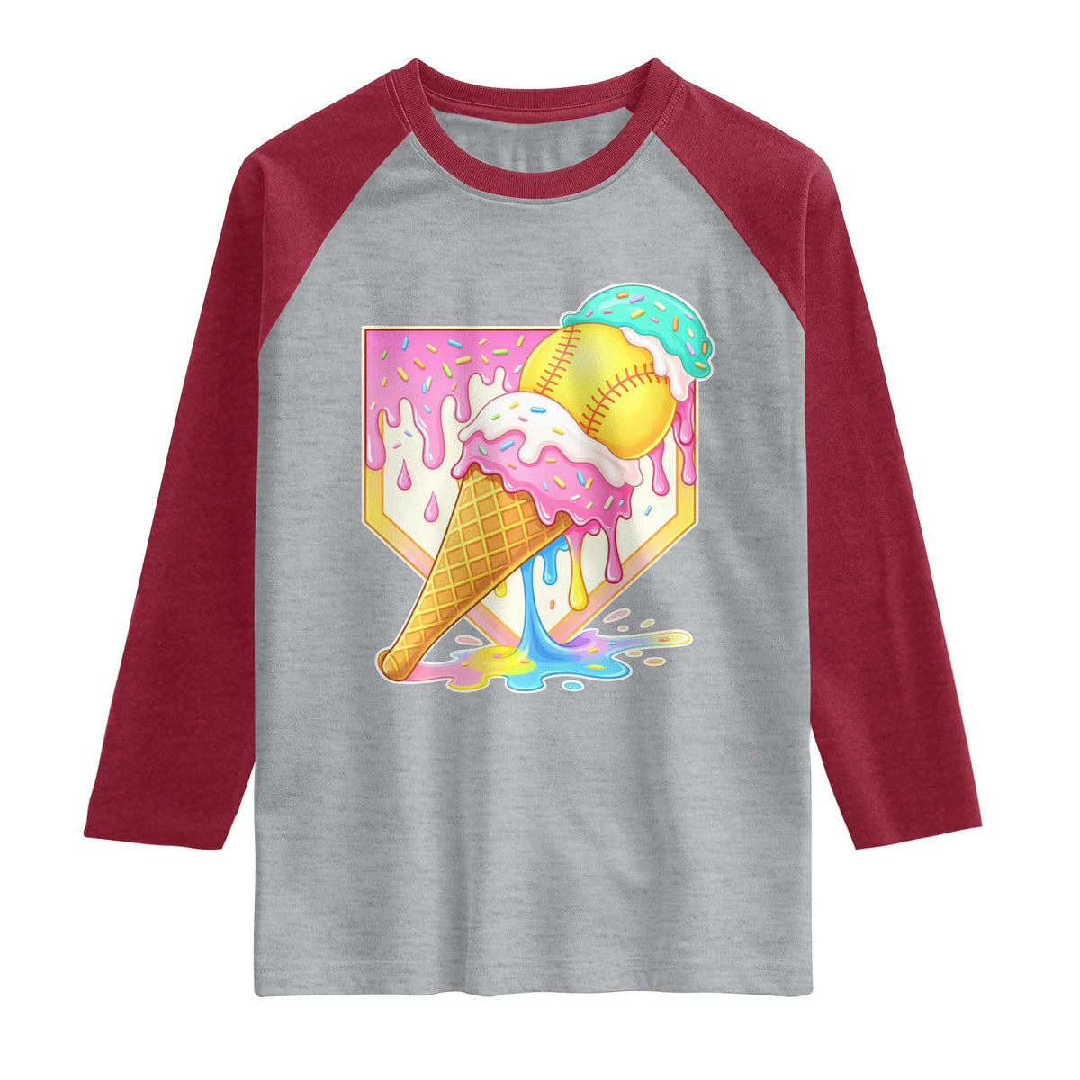 Softball Drip Raglan Shirt Cute Softball Girls Ice Cream Drip Game Day TS10 Heather Gray Heather Red Print Your Wear