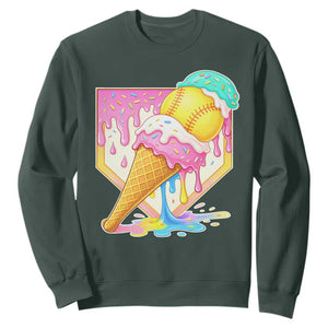 Softball Drip Sweatshirt Cute Softball Girls Ice Cream Drip Game Day TS10 Dark Forest Green Print Your Wear