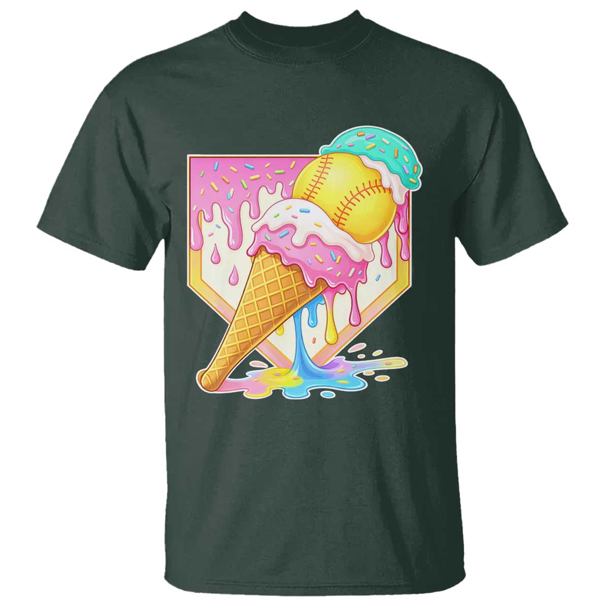Softball Drip T Shirt Cute Softball Girls Ice Cream Drip Game Day TS10 Dark Forest Green Print Your Wear