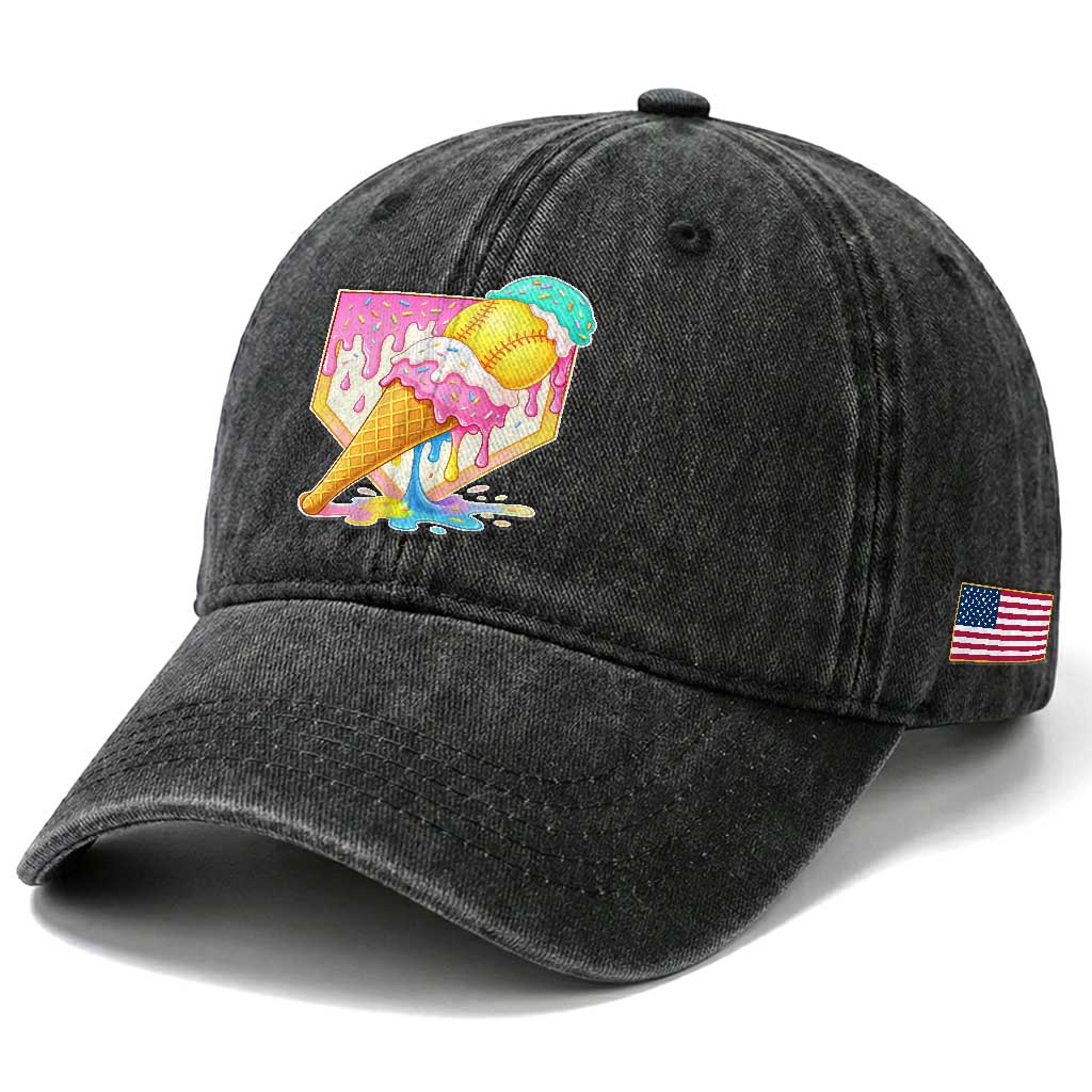 Softball Drip Washed Cotton Baseball Cap Cute Softball Girls Ice Cream Drip Game Day TS10 Print Your Wear