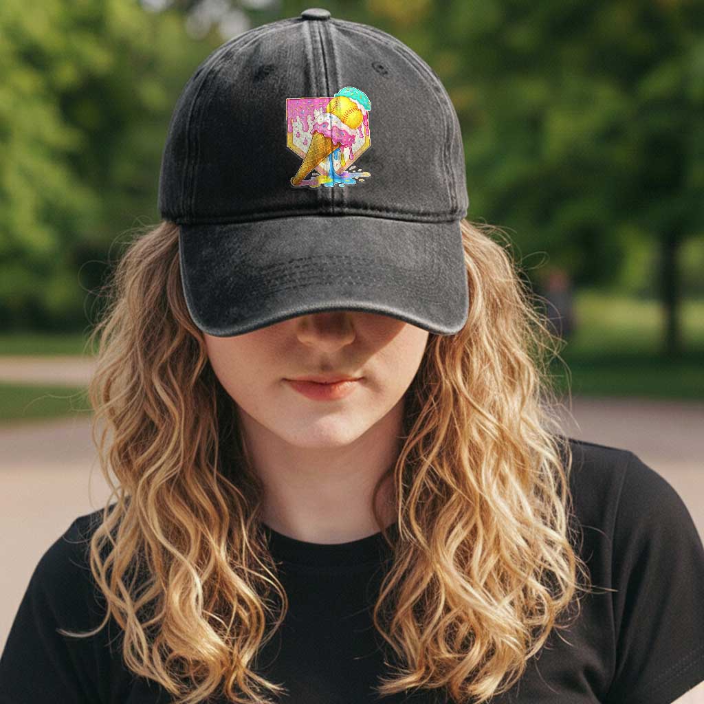 Softball Drip Washed Cotton Baseball Cap Cute Softball Girls Ice Cream Drip Game Day TS10 Print Your Wear