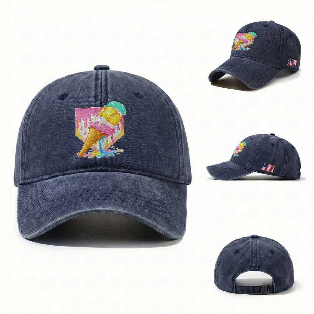 Softball Drip Washed Cotton Baseball Cap Cute Softball Girls Ice Cream Drip Game Day TS10 Washed Cap Universal Fit Navy Print Your Wear