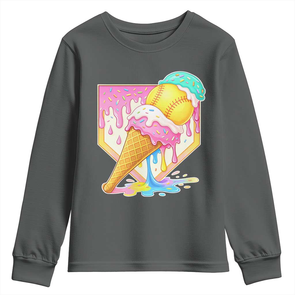 Softball Drip Youth Sweatshirt Cute Softball Girls Ice Cream Drip Game Day TS10 Dark Heather Print Your Wear