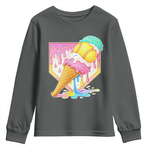 Softball Drip Youth Sweatshirt Cute Softball Girls Ice Cream Drip Game Day TS10 Dark Heather Print Your Wear