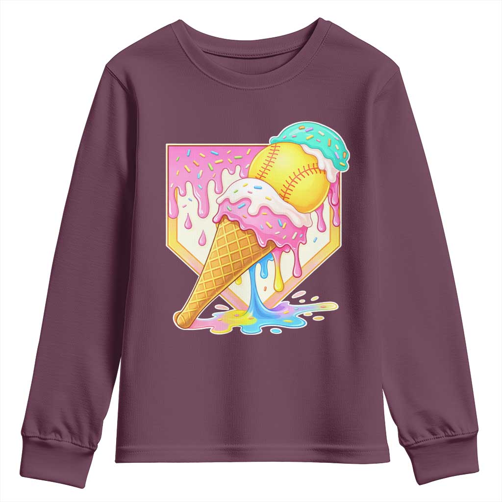 Softball Drip Youth Sweatshirt Cute Softball Girls Ice Cream Drip Game Day TS10 Maroon Print Your Wear