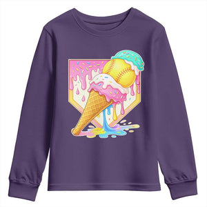 Softball Drip Youth Sweatshirt Cute Softball Girls Ice Cream Drip Game Day TS10 Purple Print Your Wear