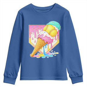 Softball Drip Youth Sweatshirt Cute Softball Girls Ice Cream Drip Game Day TS10 Royal Blue Print Your Wear