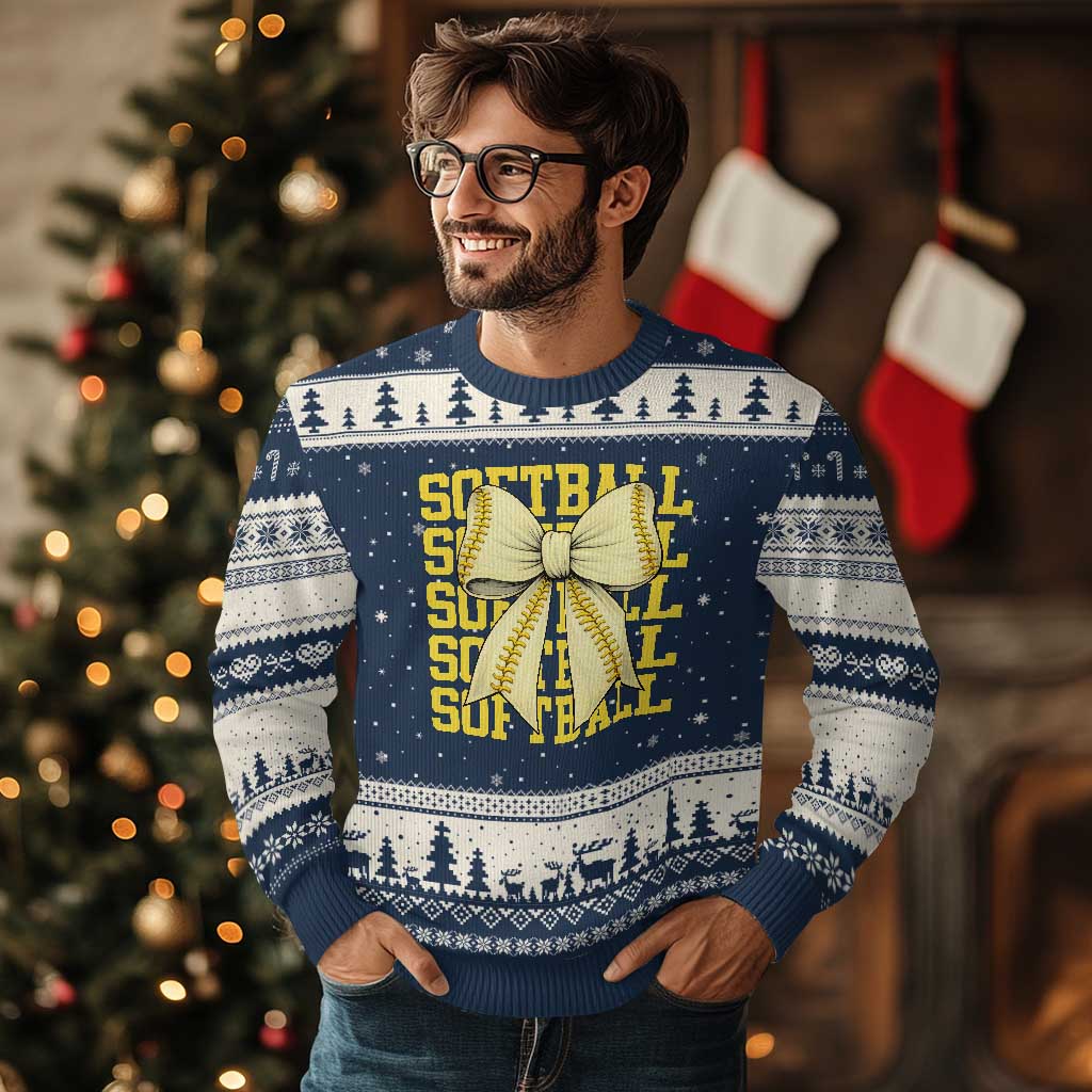 Softball Bow Ugly Christmas Sweater Sister Sport Lovers Girls Team TS10 Navy Beige Print Your Wear