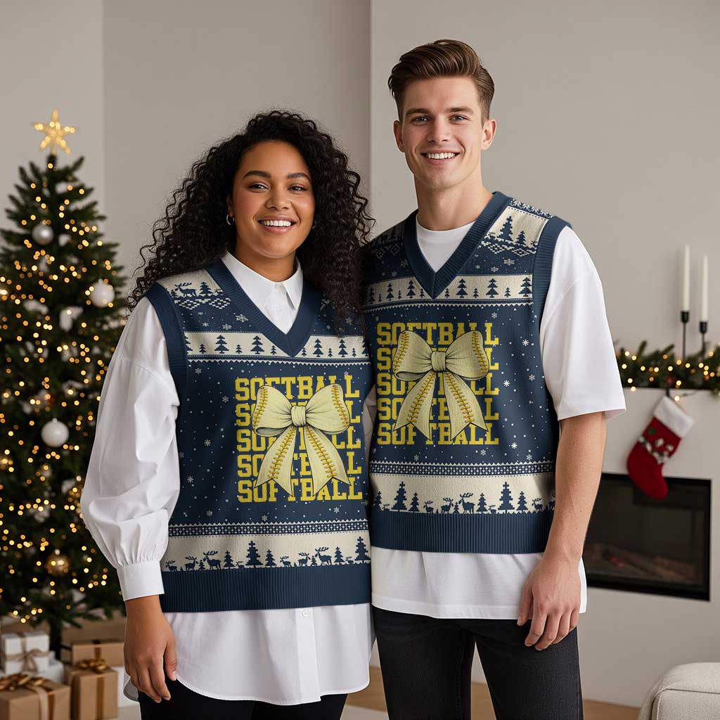 Softball Bow V-Neck Knit Sweater Vest Sister Sport Lovers Girls Team TS10 Navy Beige Print Your Wear