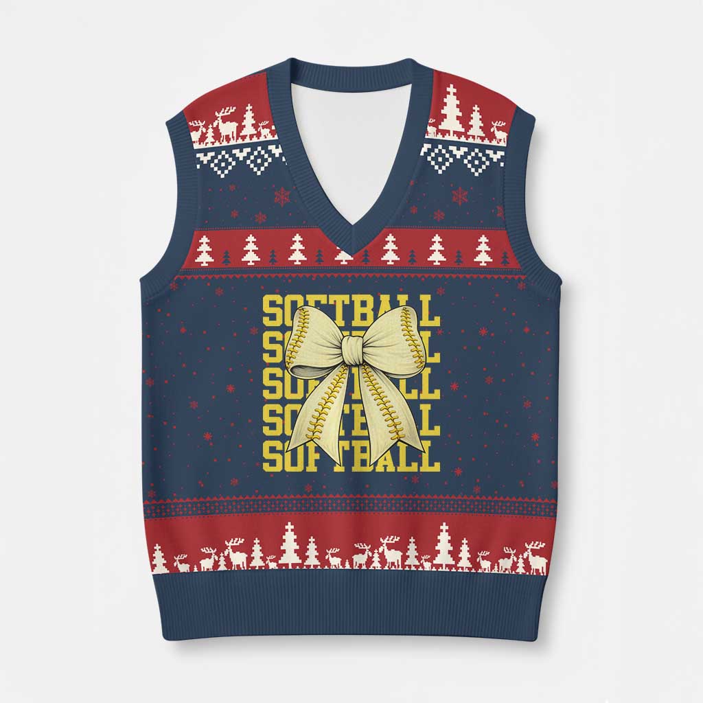 Softball Bow V-Neck Knit Sweater Vest Sister Sport Lovers Girls Team TS10 Navy Red Print Your Wear