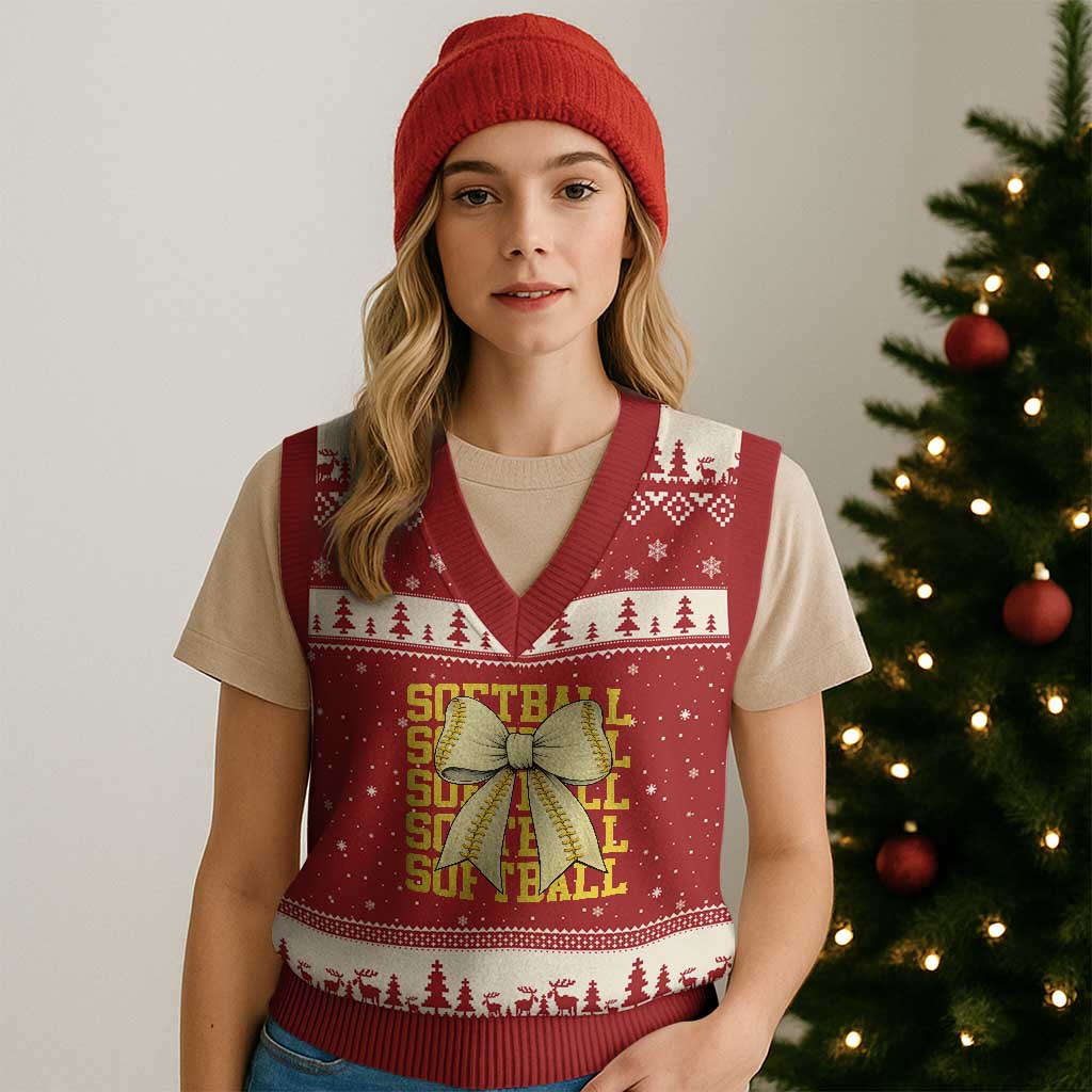Softball Bow V-Neck Knit Sweater Vest Sister Sport Lovers Girls Team TS10 Red Beige Print Your Wear
