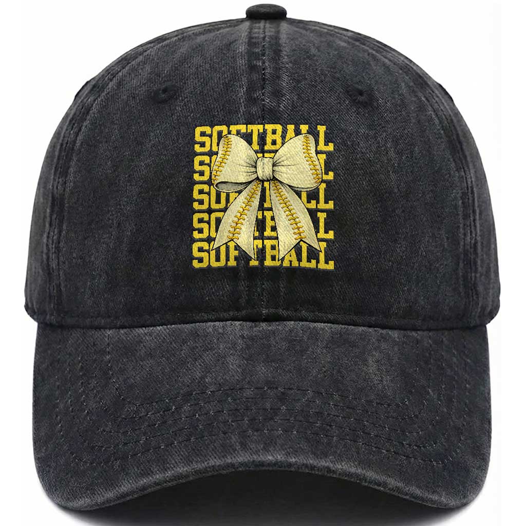 Softball Bow Washed Cotton Baseball Cap Sister Sport Lovers Girls Team TS10 Washed Cap Universal Fit Black Print Your Wear