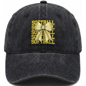 Softball Bow Washed Cotton Baseball Cap Sister Sport Lovers Girls Team TS10 Washed Cap Universal Fit Black Print Your Wear