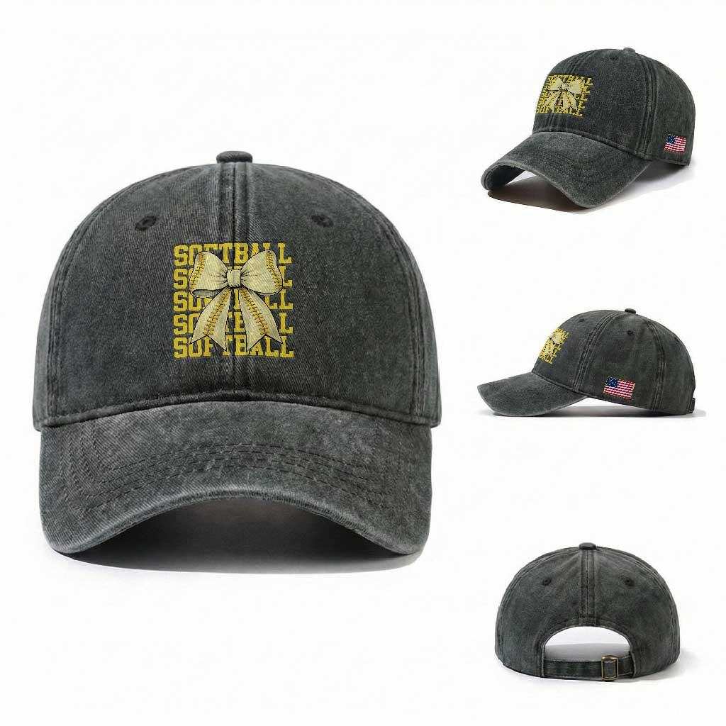 Softball Bow Washed Cotton Baseball Cap Sister Sport Lovers Girls Team TS10 Washed Cap Universal Fit Dark Green Print Your Wear