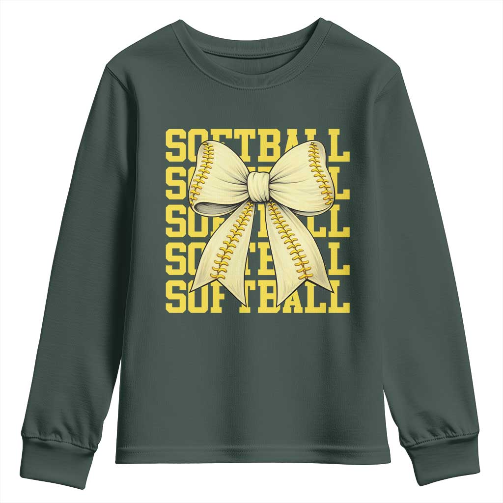 Softball Bow Youth Sweatshirt Sister Sport Lovers Girls Team TS10 Dark Forest Green Print Your Wear