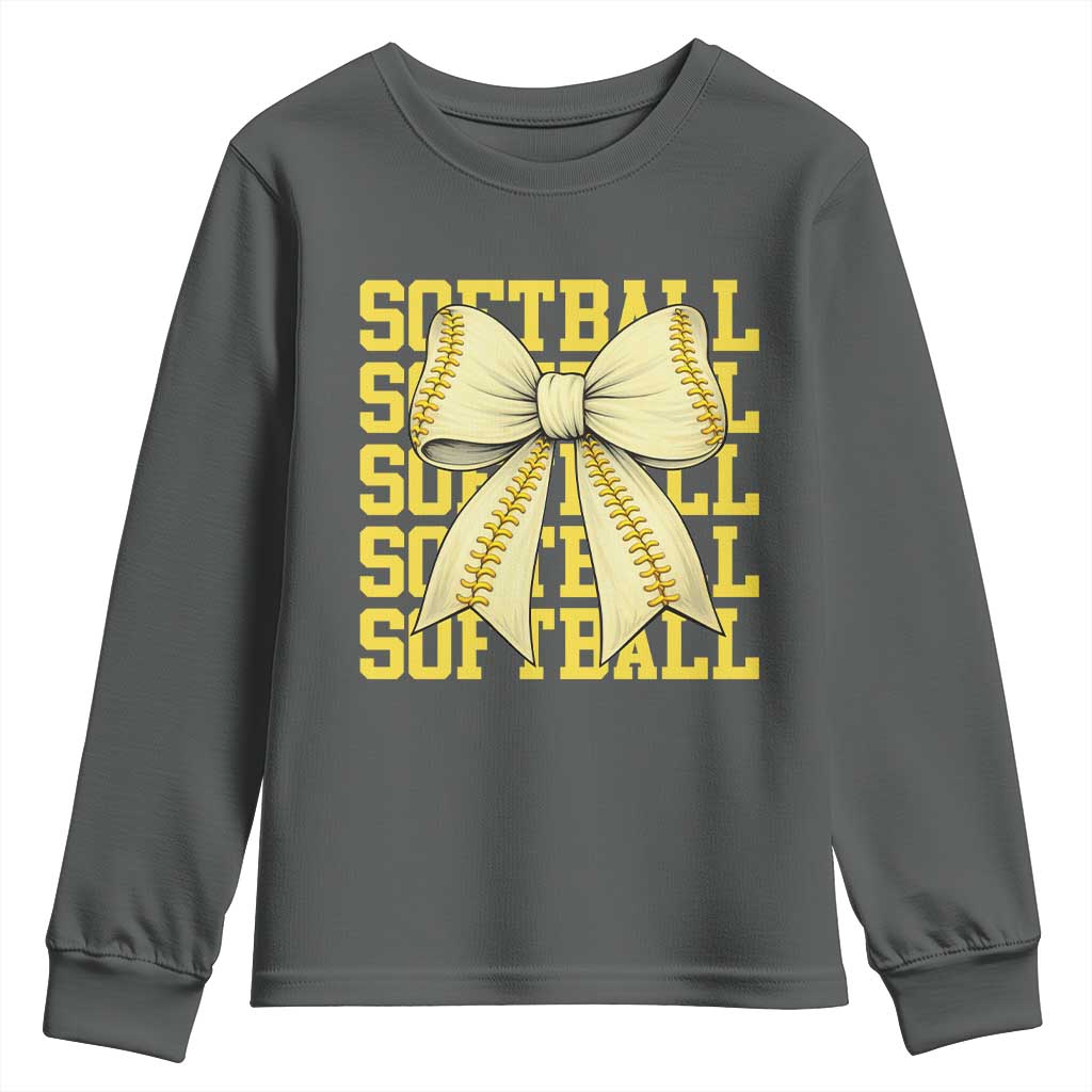 Softball Bow Youth Sweatshirt Sister Sport Lovers Girls Team TS10 Dark Heather Print Your Wear