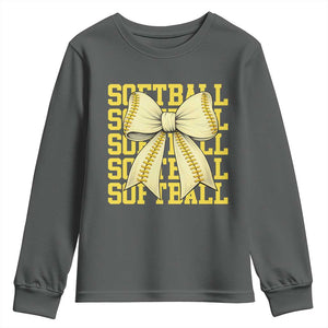 Softball Bow Youth Sweatshirt Sister Sport Lovers Girls Team TS10 Dark Heather Print Your Wear