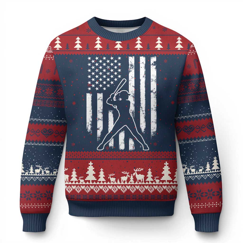 Vintage Patriotic Softball Ugly Christmas Sweater Girls Baseball Softball Player American Flag TS10 Navy Red Print Your Wear