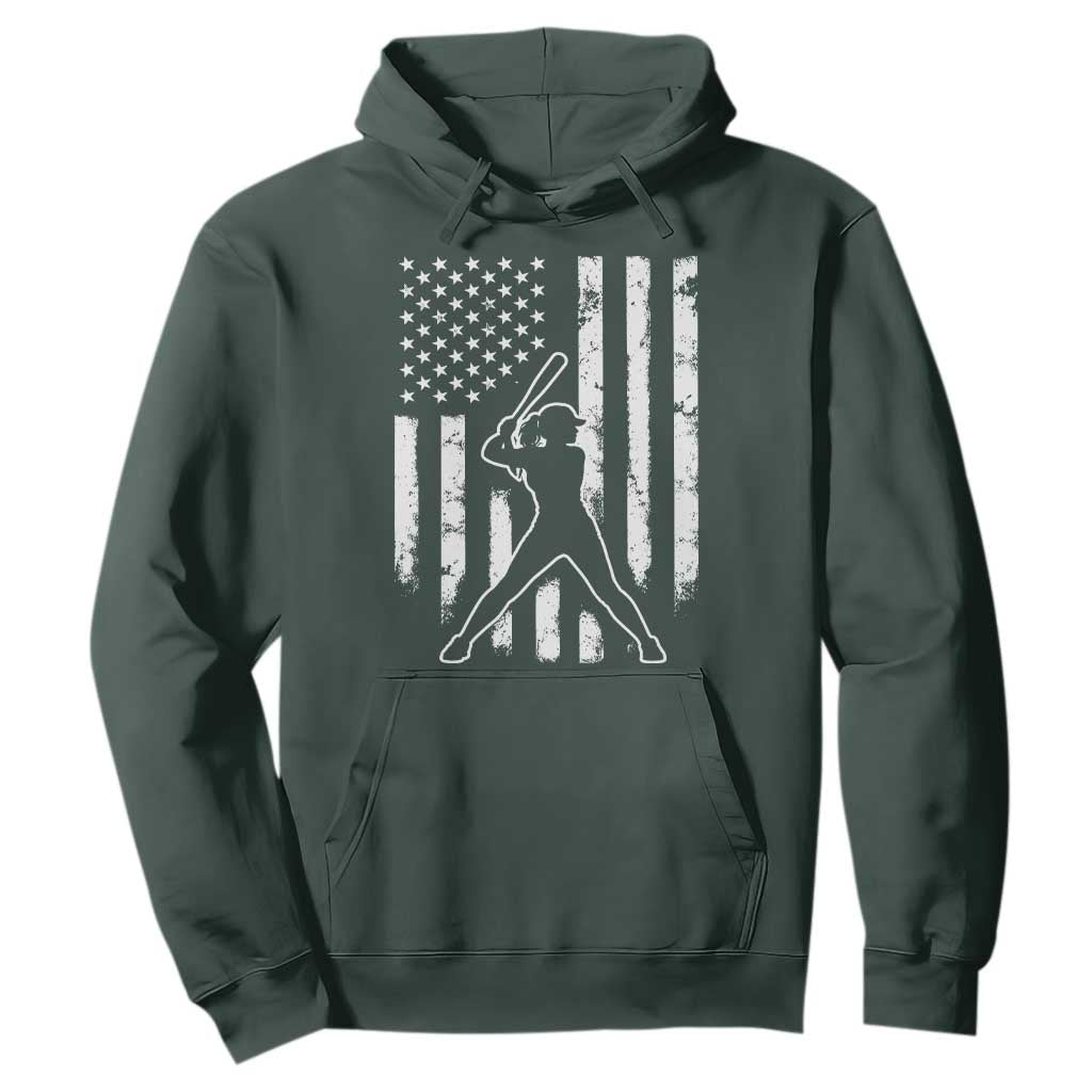 Vintage Patriotic Softball Hoodie Girls Baseball Softball Player American Flag TS10 Dark Forest Green Print Your Wear
