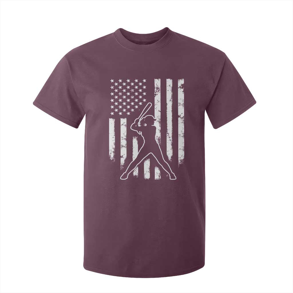 Vintage Patriotic Softball T Shirt For Kid Girls Baseball Softball Player American Flag TS10 Maroon Print Your Wear