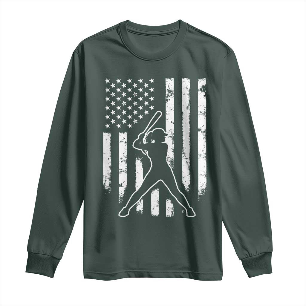 Vintage Patriotic Softball Long Sleeve Shirt Girls Baseball Softball Player American Flag TS10 Dark Forest Green Print Your Wear