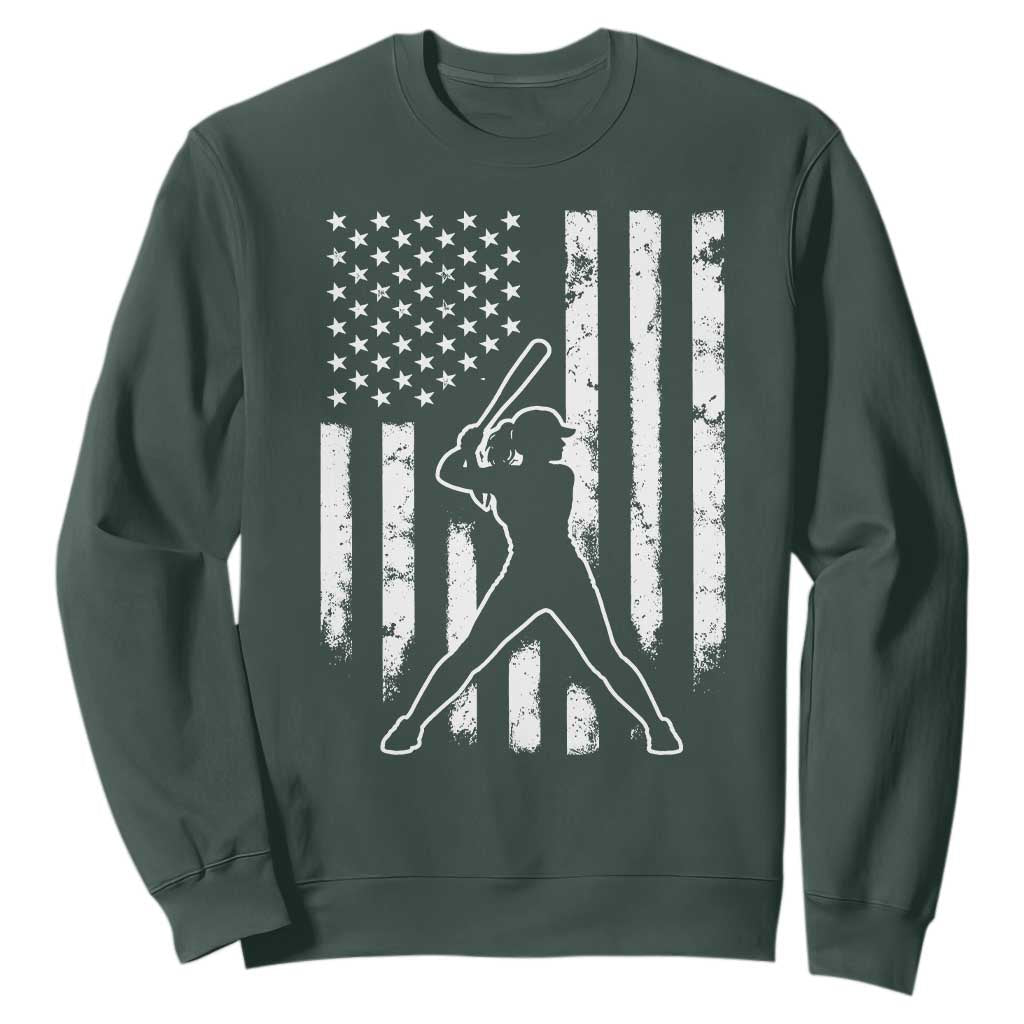 Vintage Patriotic Softball Sweatshirt Girls Baseball Softball Player American Flag TS10 Dark Forest Green Print Your Wear