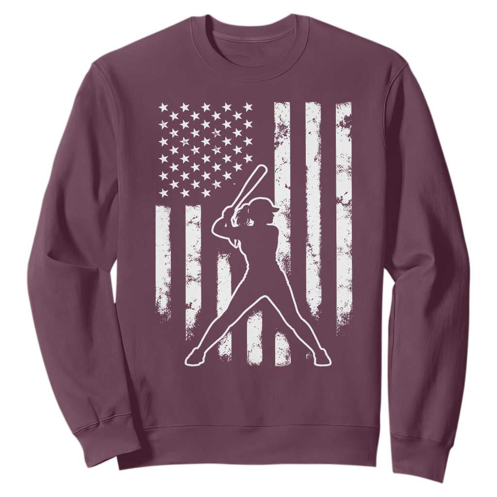 Vintage Patriotic Softball Sweatshirt Girls Baseball Softball Player American Flag TS10 Maroon Print Your Wear