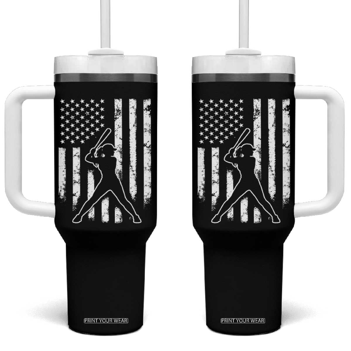 Vintage Patriotic Softball Tumbler With Handle Girls Baseball Softball Player American Flag TS10 One Size: 40 oz Black Print Your Wear