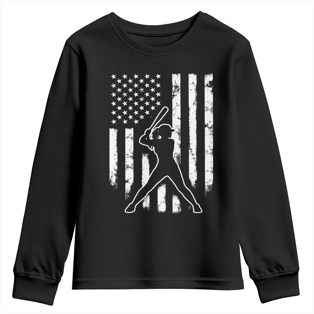 Vintage Patriotic Softball Youth Sweatshirt Girls Baseball Softball Player American Flag TS10 Black Print Your Wear