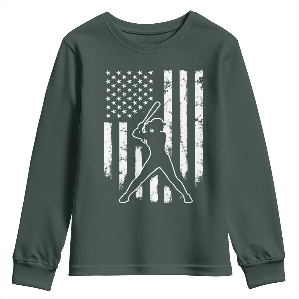 Vintage Patriotic Softball Youth Sweatshirt Girls Baseball Softball Player American Flag TS10 Dark Forest Green Print Your Wear