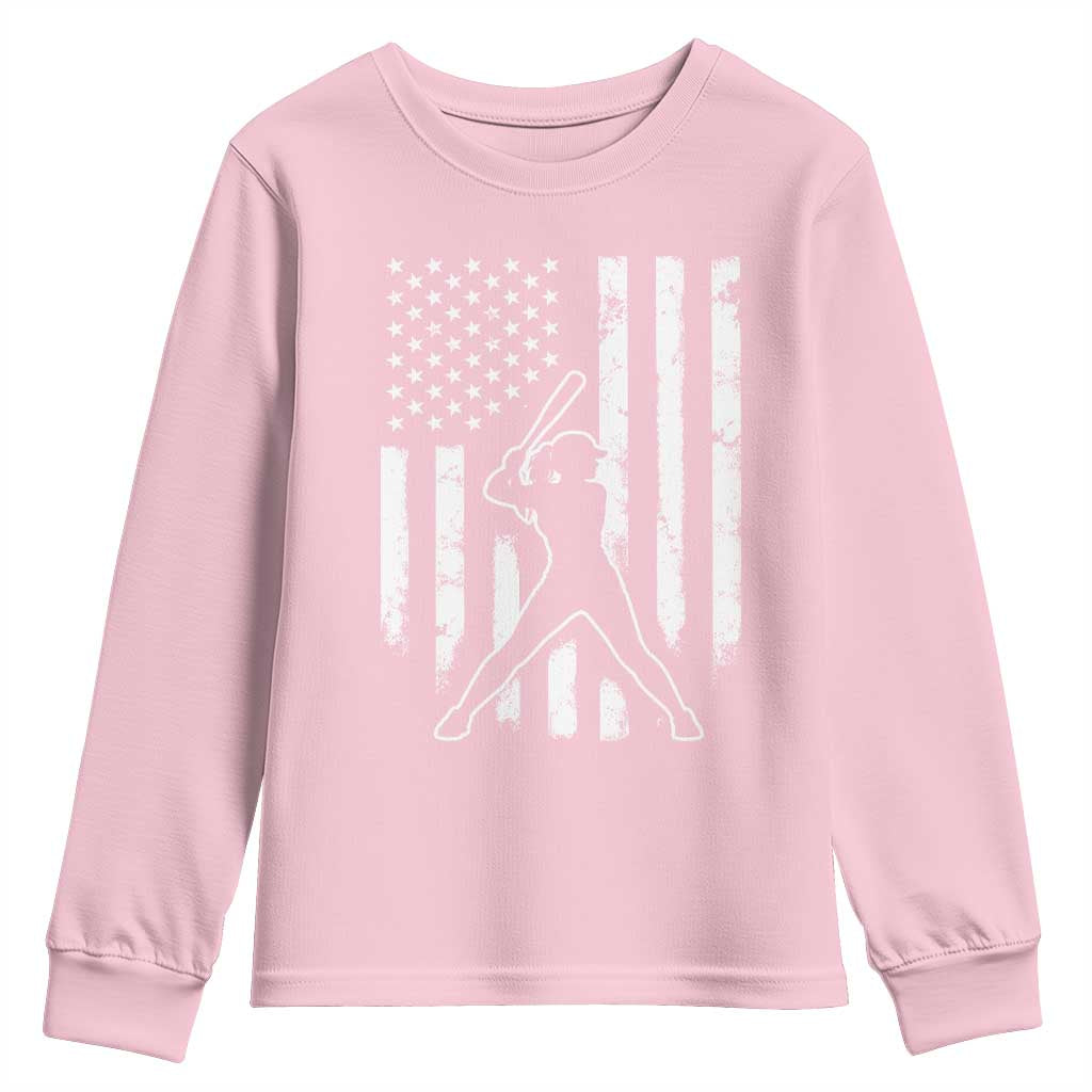 Vintage Patriotic Softball Youth Sweatshirt Girls Baseball Softball Player American Flag TS10 Light Pink Print Your Wear
