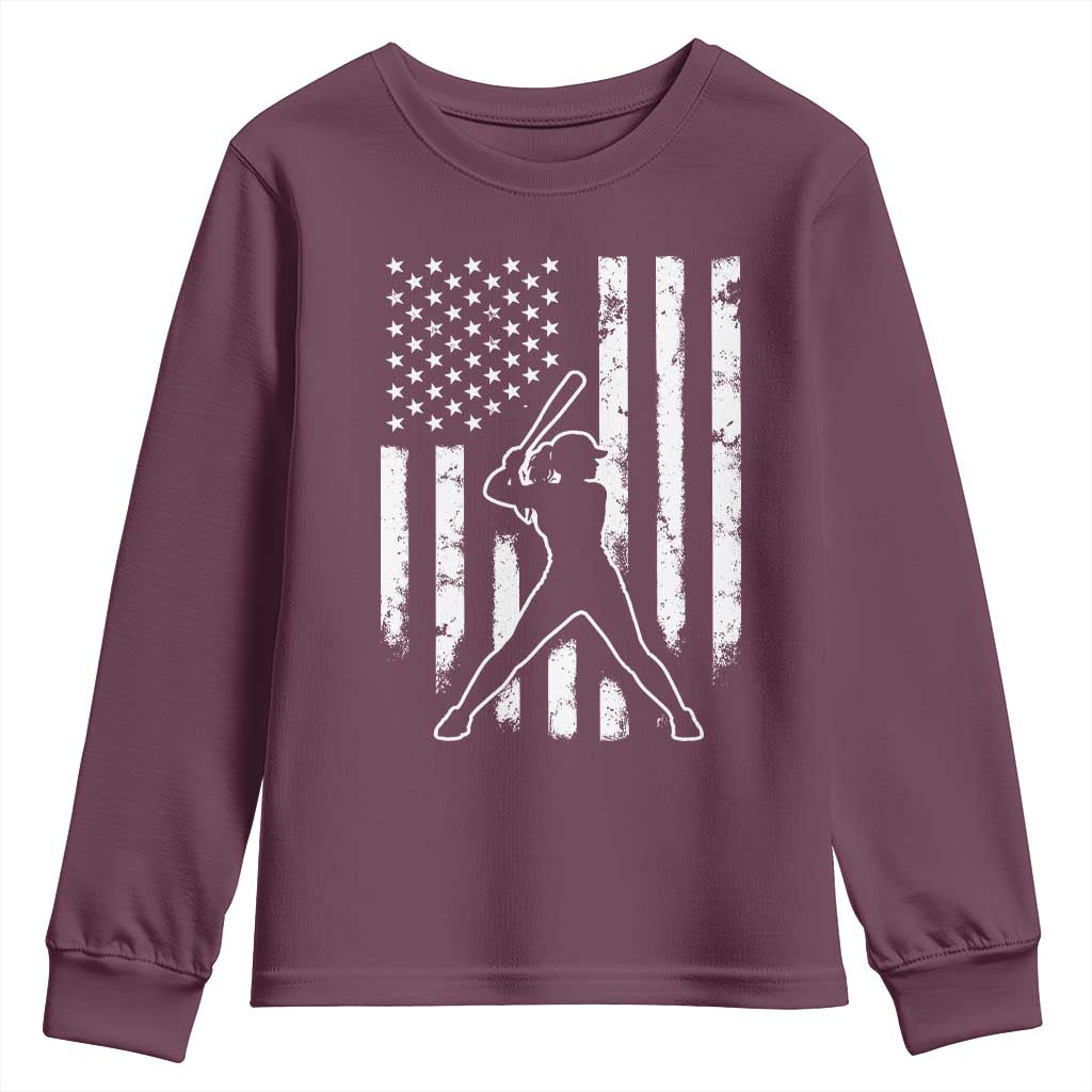Vintage Patriotic Softball Youth Sweatshirt Girls Baseball Softball Player American Flag TS10 Maroon Print Your Wear