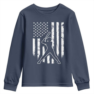 Vintage Patriotic Softball Youth Sweatshirt Girls Baseball Softball Player American Flag TS10 Navy Print Your Wear