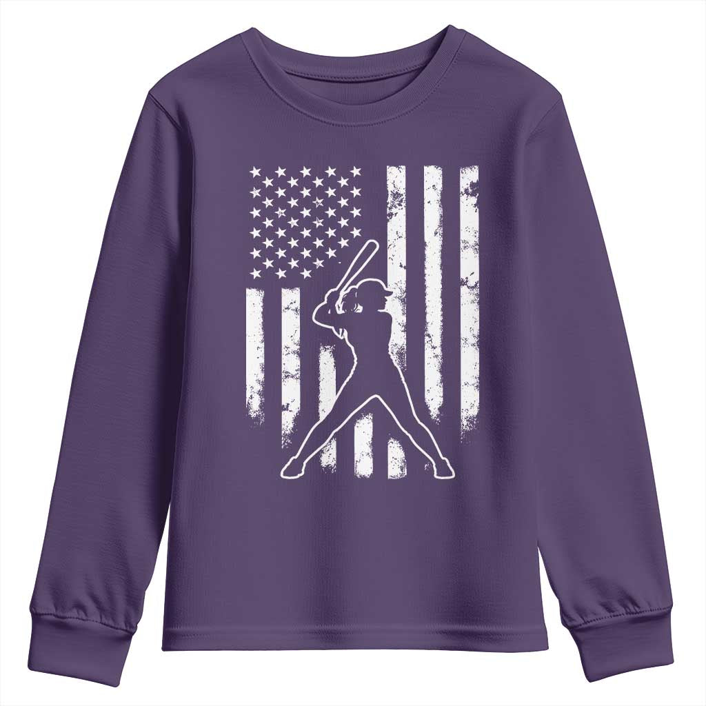Vintage Patriotic Softball Youth Sweatshirt Girls Baseball Softball Player American Flag TS10 Purple Print Your Wear
