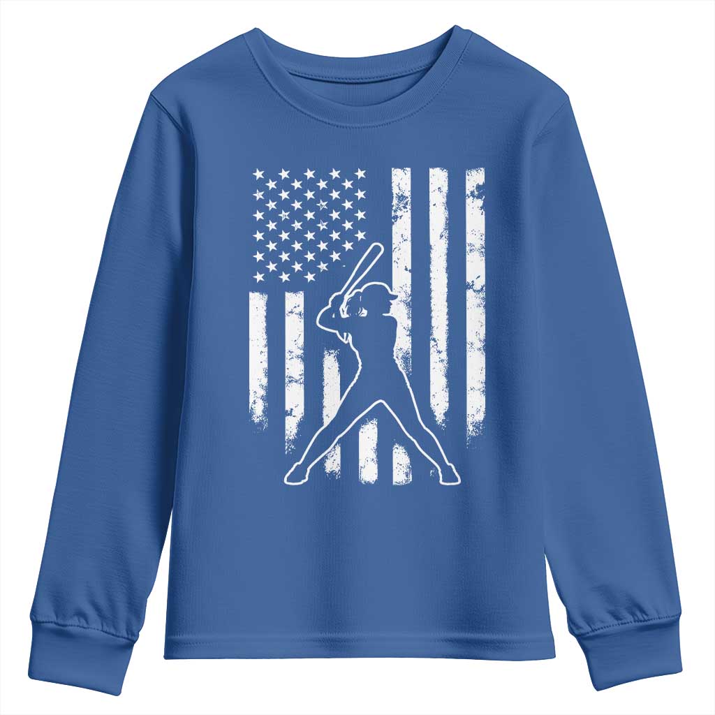 Vintage Patriotic Softball Youth Sweatshirt Girls Baseball Softball Player American Flag TS10 Royal Blue Print Your Wear