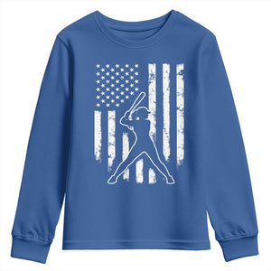 Vintage Patriotic Softball Youth Sweatshirt Girls Baseball Softball Player American Flag TS10 Royal Blue Print Your Wear