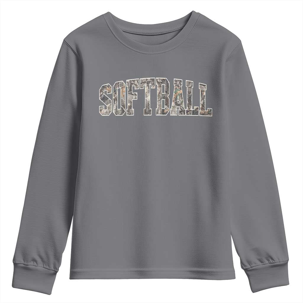 Camo Softball Youth Sweatshirt Vintage Camouflage Softball Varsity Game Day TS10 Charcoal Print Your Wear