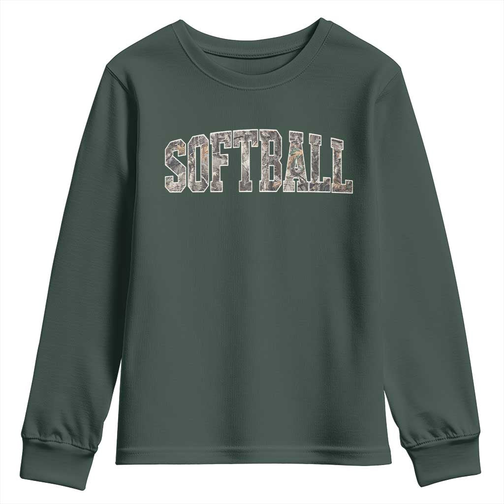 Camo Softball Youth Sweatshirt Vintage Camouflage Softball Varsity Game Day TS10 Dark Forest Green Print Your Wear
