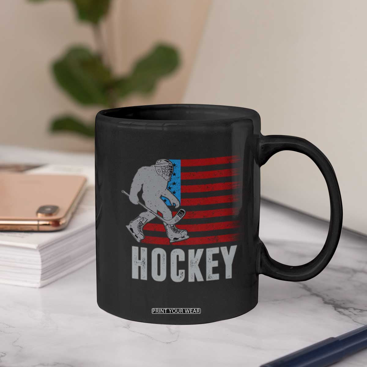 Hockey Bigfoot USA Flag Coffee Mug Vintage Patriotic Ice Hockey Player TS10 Print Your Wear