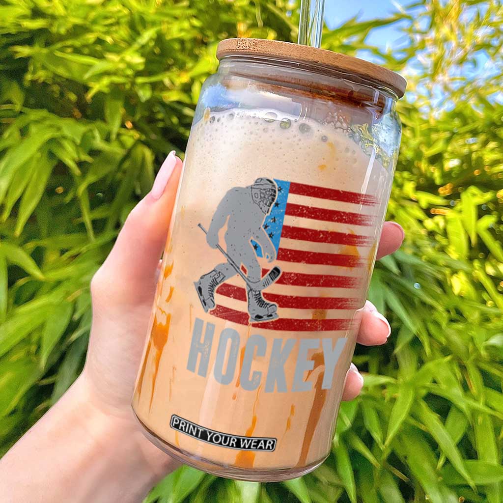 Hockey Bigfoot USA Flag Glass Can Vintage Patriotic Ice Hockey Player TS10 Black Print Your Wear