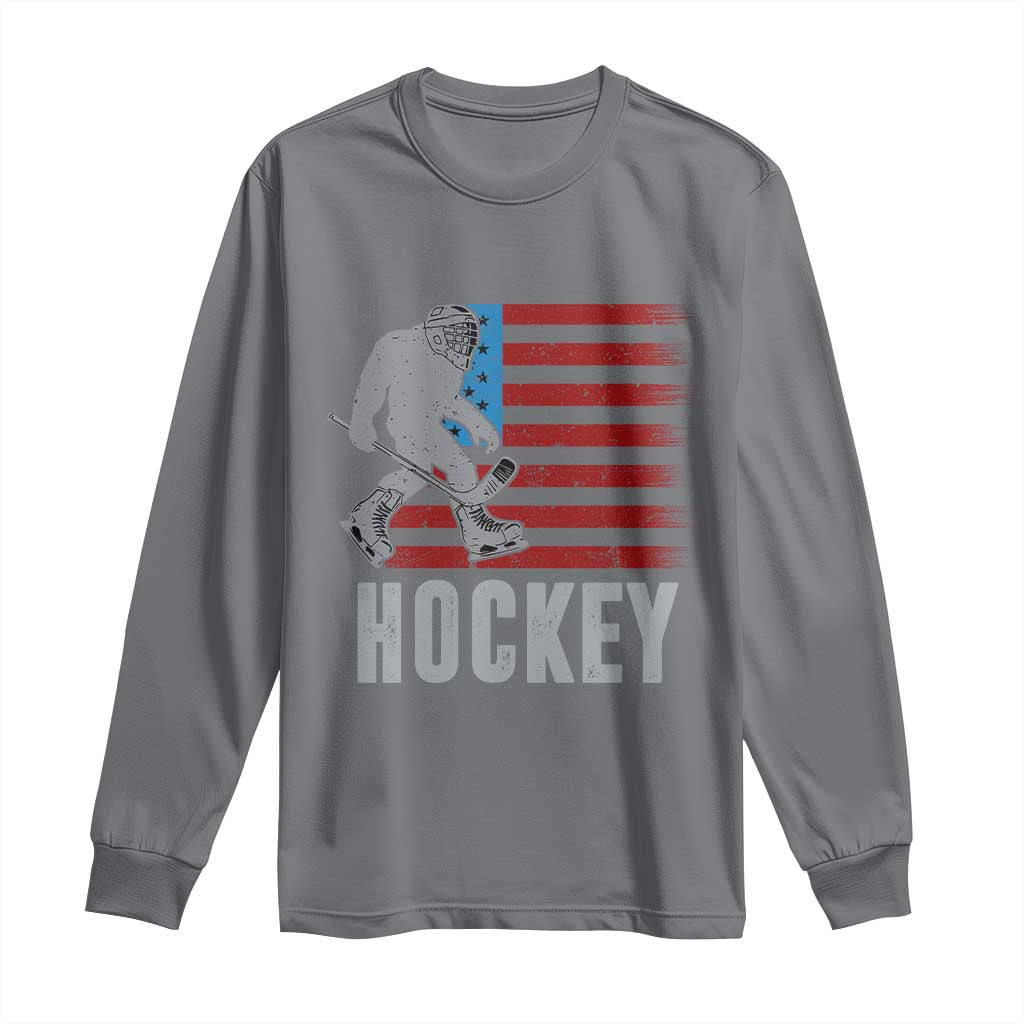 Hockey Bigfoot USA Flag Long Sleeve Shirt Vintage Patriotic Ice Hockey Player TS10 Charcoal Print Your Wear