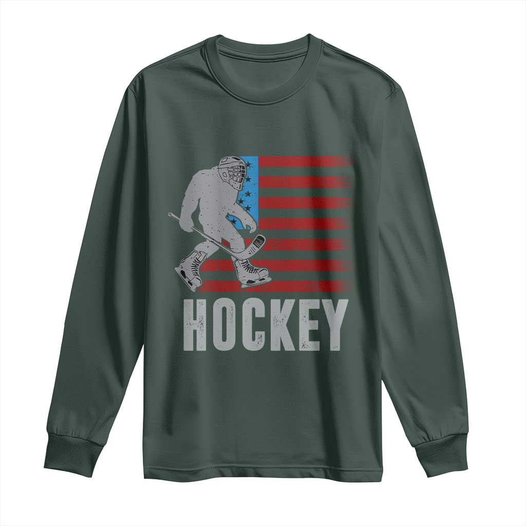 Hockey Bigfoot USA Flag Long Sleeve Shirt Vintage Patriotic Ice Hockey Player TS10 Dark Forest Green Print Your Wear